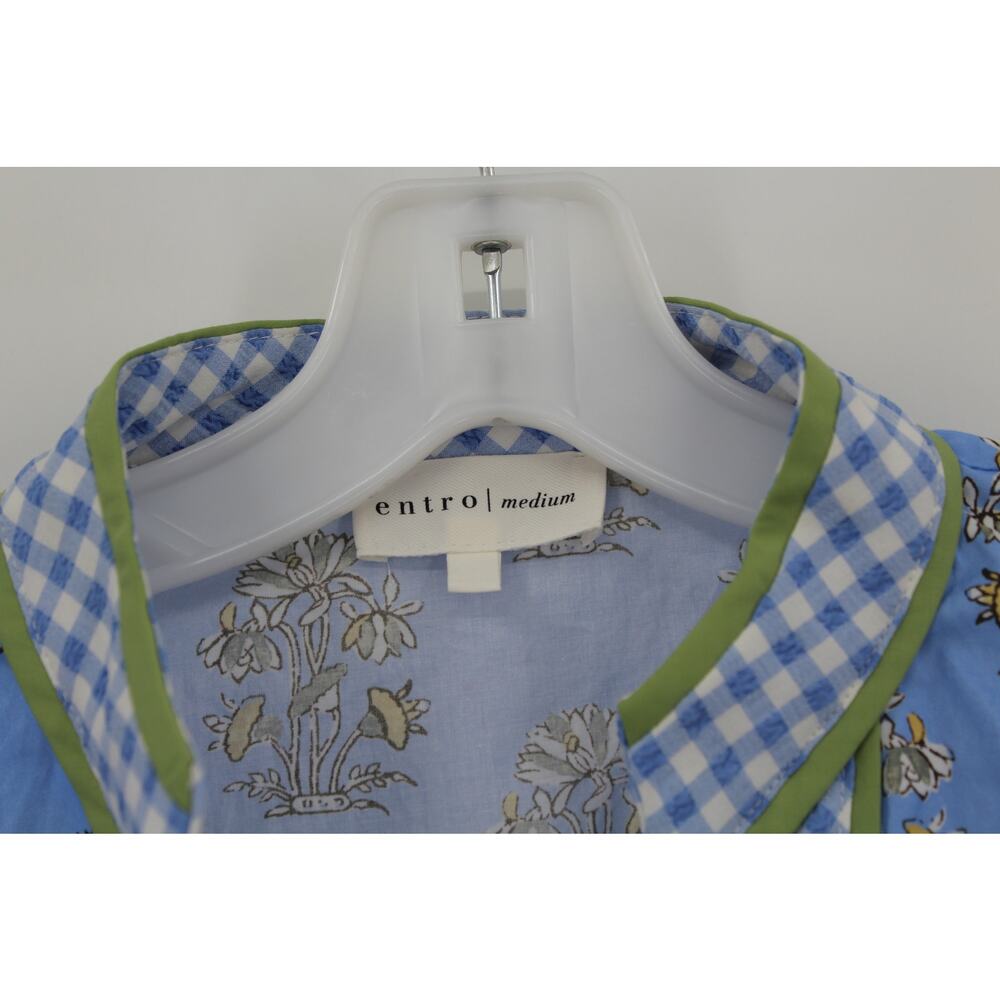 Entro Blue Printed Puff Sleeve Top Size Medium Flora V Neck - Picture 4 of 6